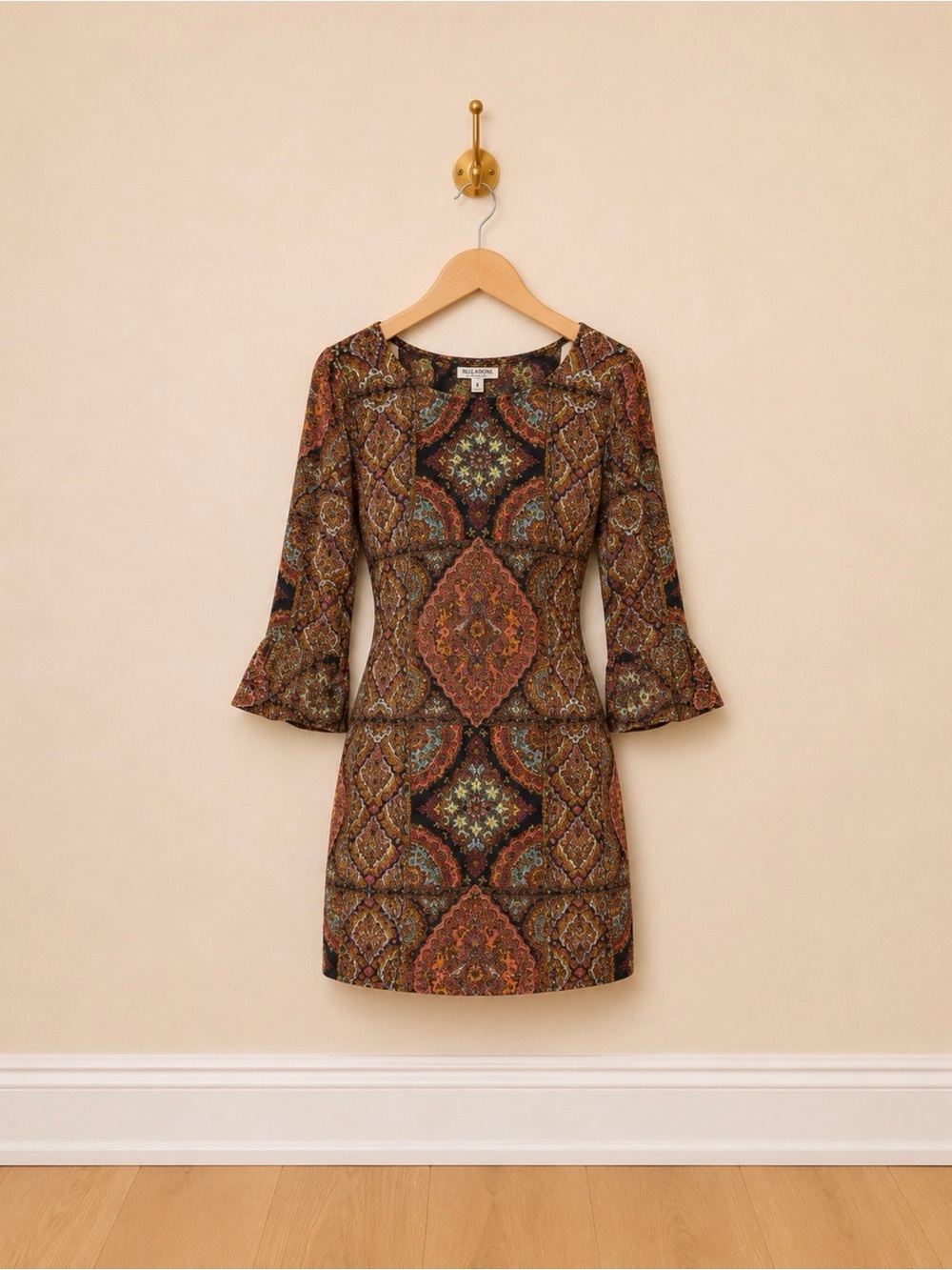 Billabong Rust Multi Mosaic Bell Sleeve Mini Dress